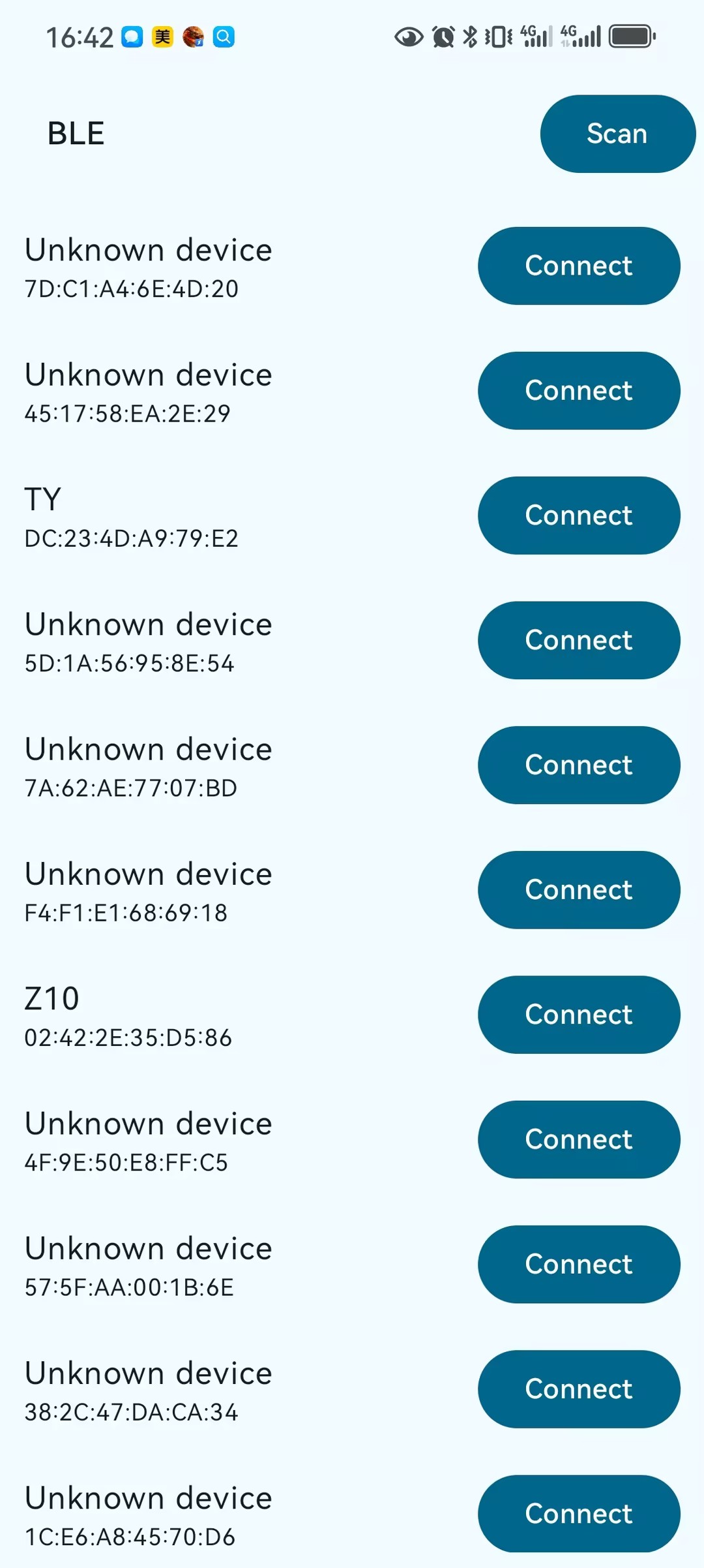 Device scan screen: list nearby BLE devices and connect